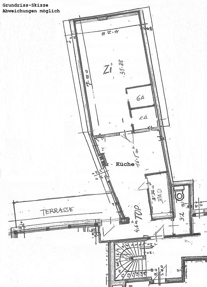 z Grundriss-Skizze - VERMIETET! Klosterneuburg Stadtplatz: 1,5 Zimmer mit Terrasse in bester Lage